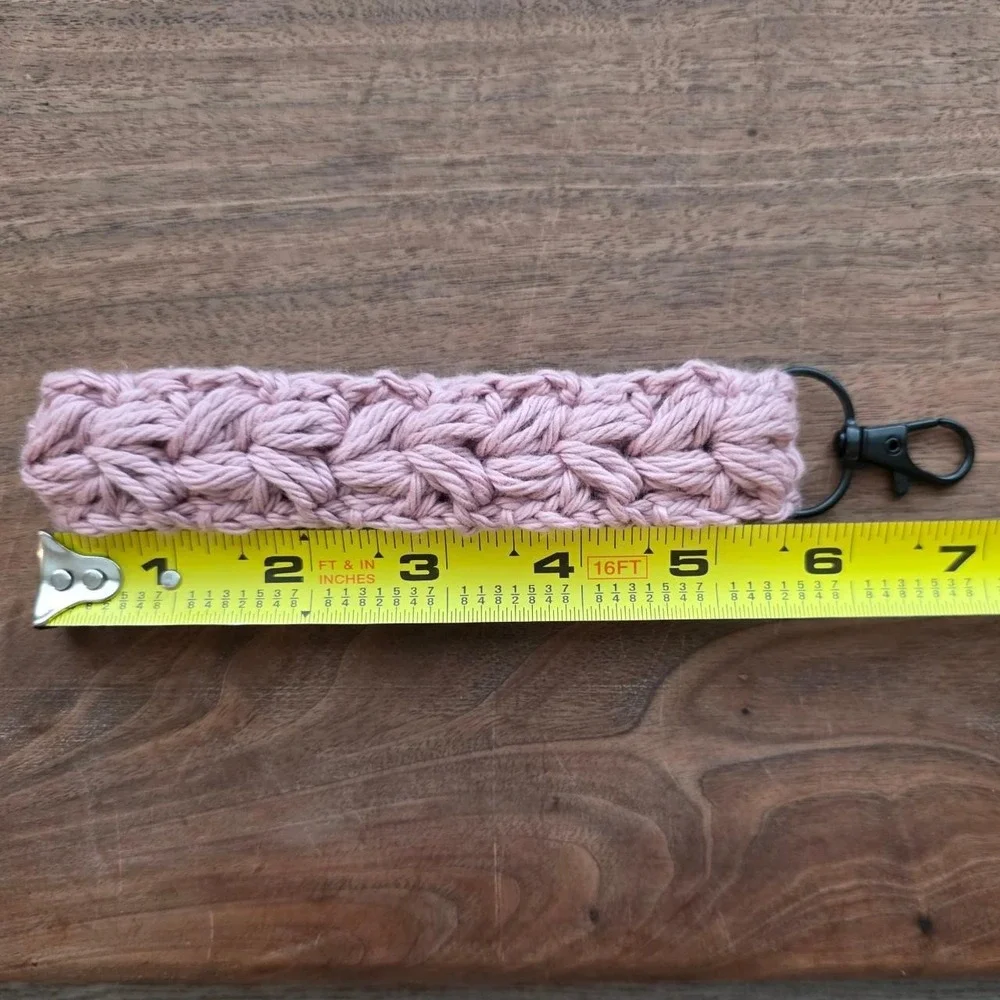 Handmade Dusty Pink Crochet Wristlet Keychain Floral Puff Cotton Key Fob Black